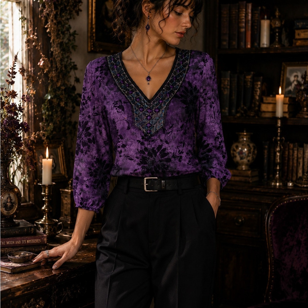 Dressbarn Whimsigoth Top Embellished Velvet Burnout Purple Romantic Goth Witch